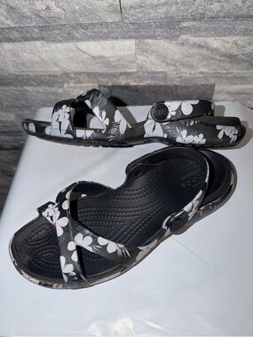 CROCS Black Sandals with White Floral Print
